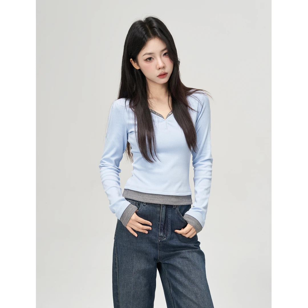Color Collision False Two Piece Shirt