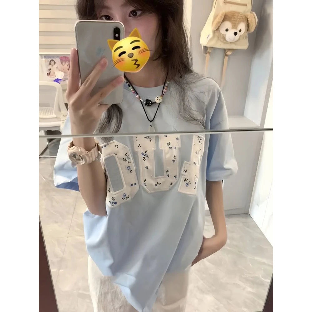 Floral Letter Print Casual Loose Shirt