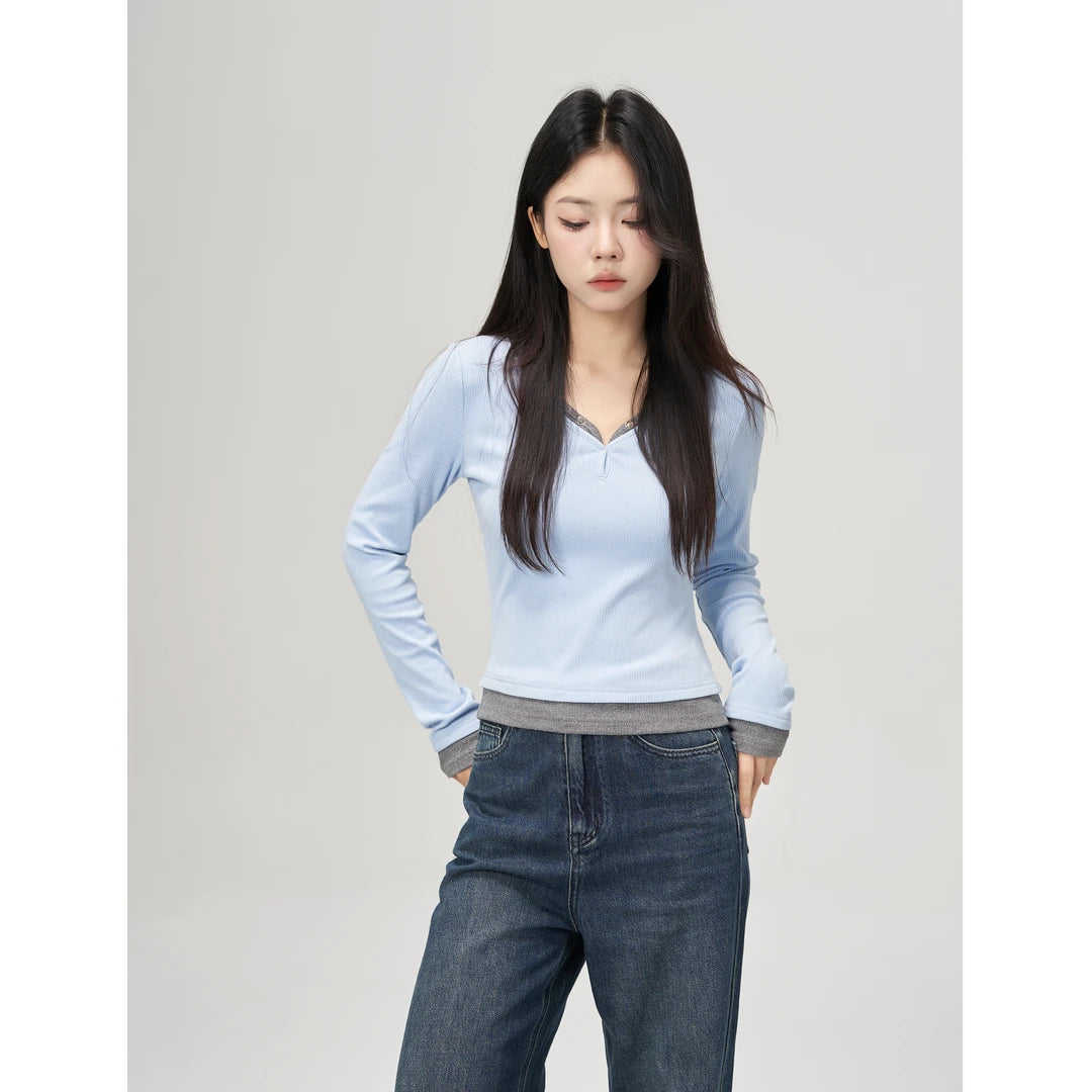 Color Collision False Two Piece Shirt